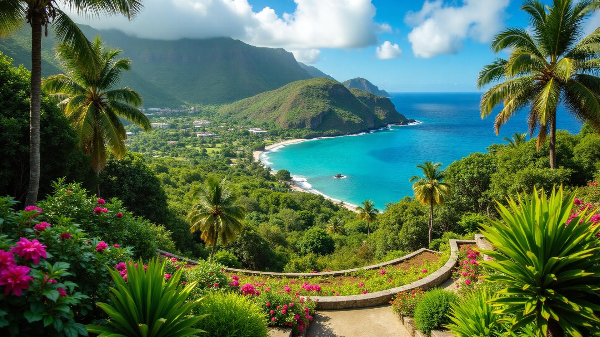 Lush tropical terraces of Andromeda Botanic Gardens overlooking the Atlantic coastline