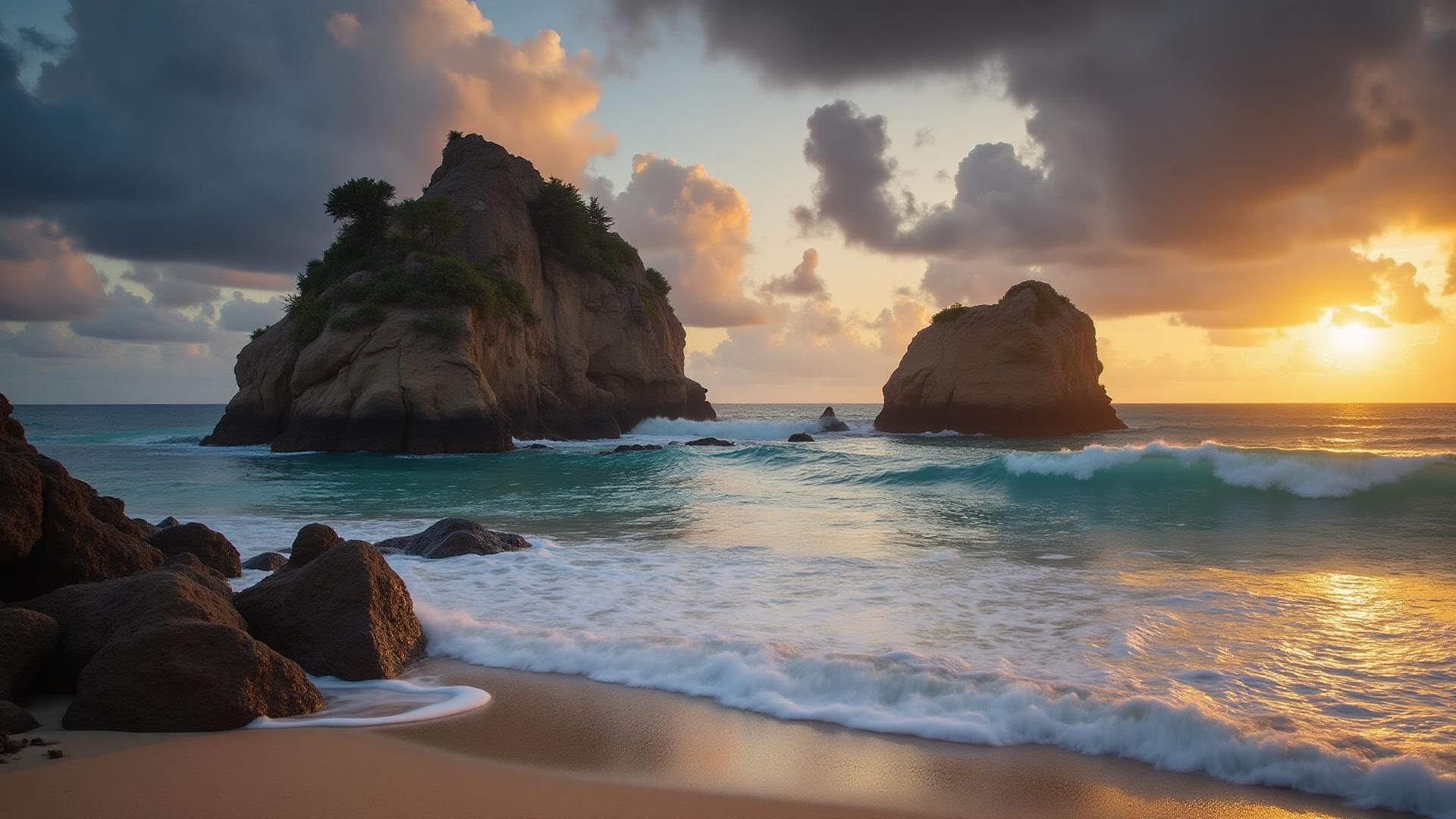 The iconic mushroom rocks of Bathsheba emerging from the Atlantic surf at golden hour
