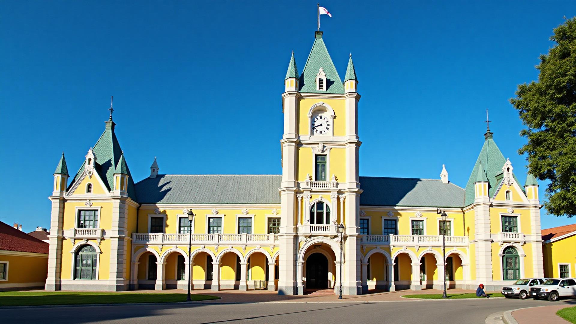 The neo-gothic Parliament Buildings of Bridgetown with clock tower