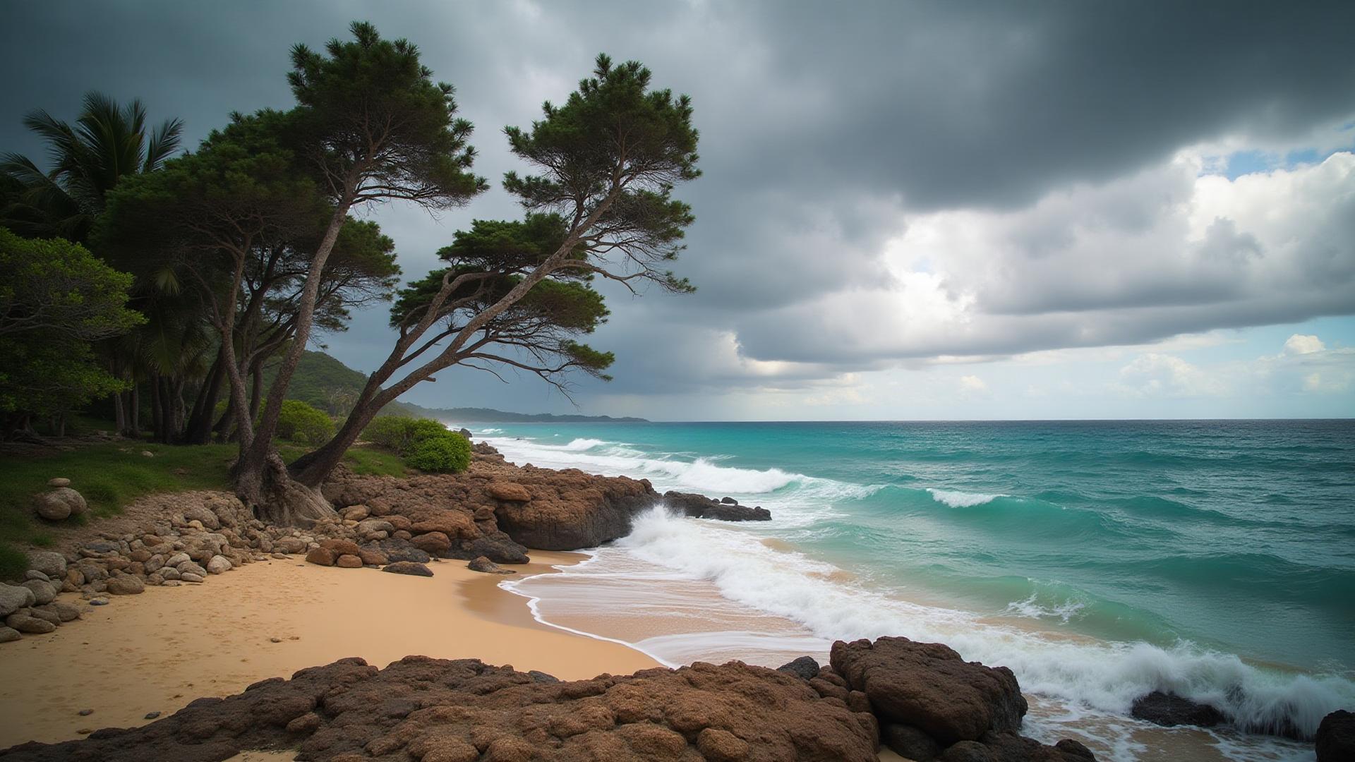 Dramatic windswept trees and rugged coastline at Cattlewash Beach