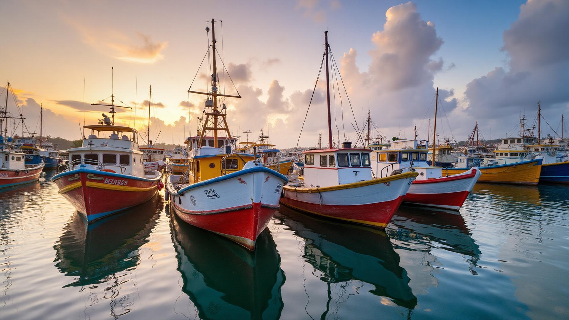 Colorful traditional fishing boats in Oistins harbor at dawn