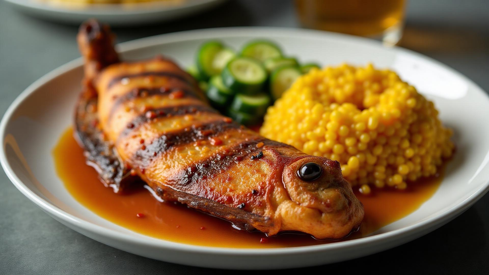 Beautifully plated flying fish and cou-cou, Barbados national dish