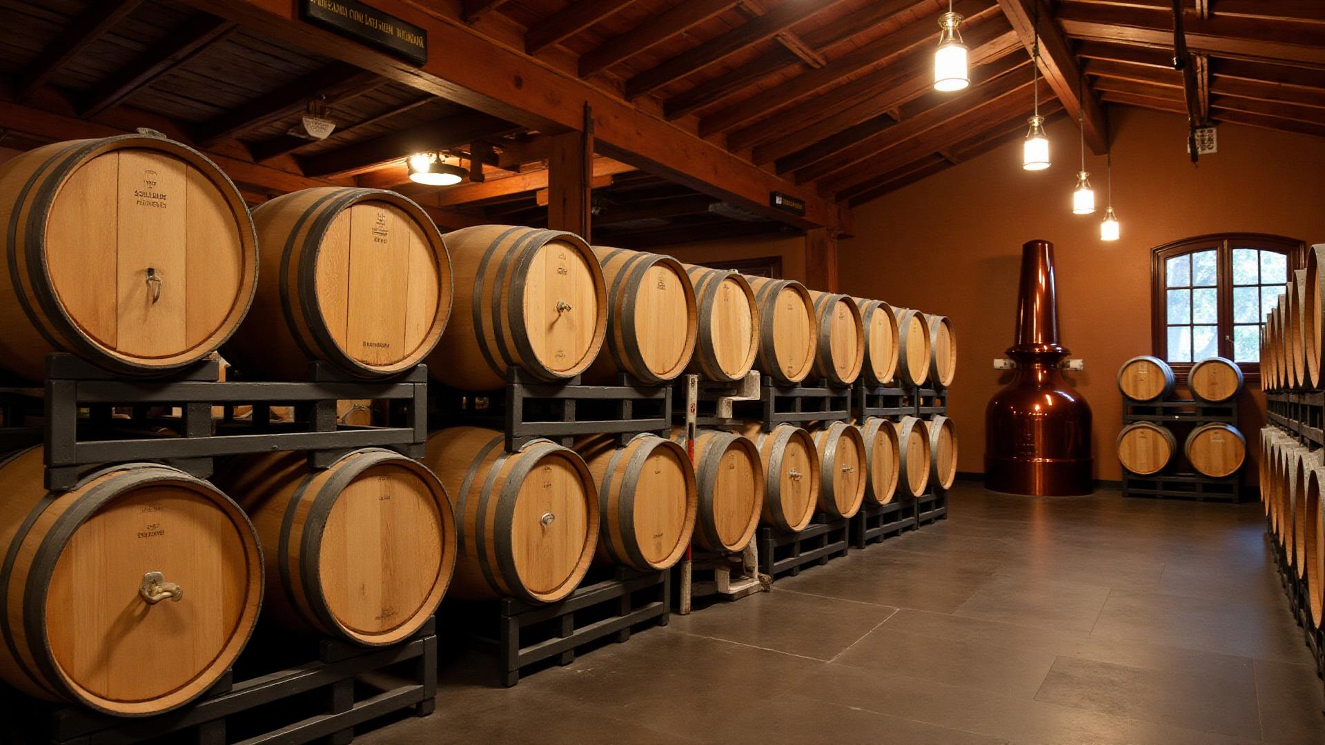 Aged rum barrels and copper pot stills in the Mount Gay distillery