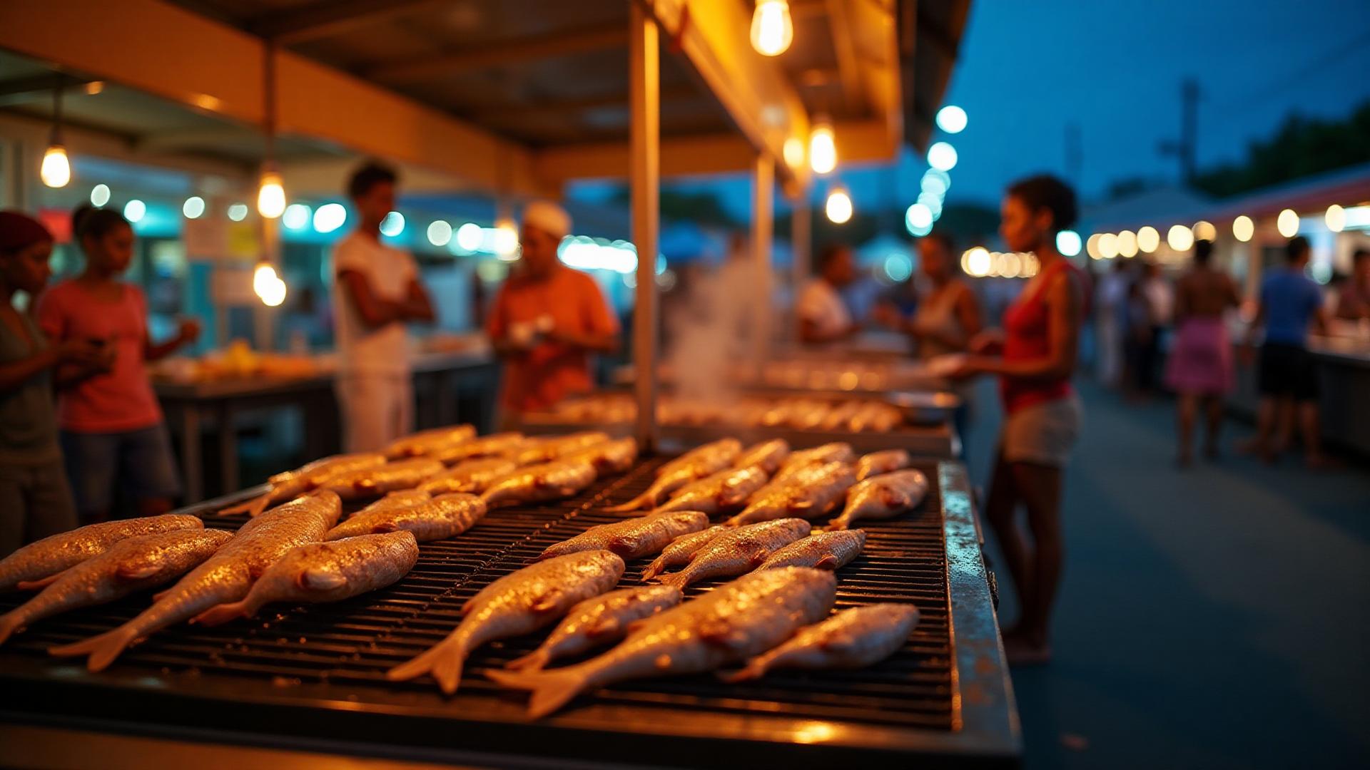 Fresh fish grilling over open flames at Oistins Fish Fry