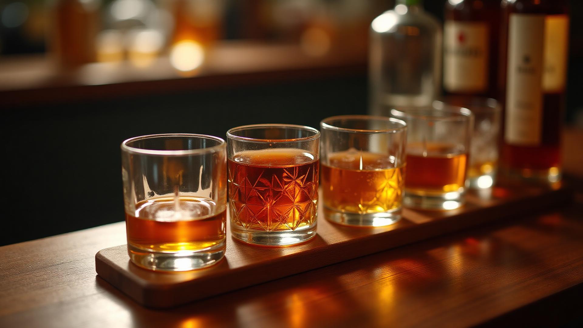 Flight of amber rum varieties arranged for tasting