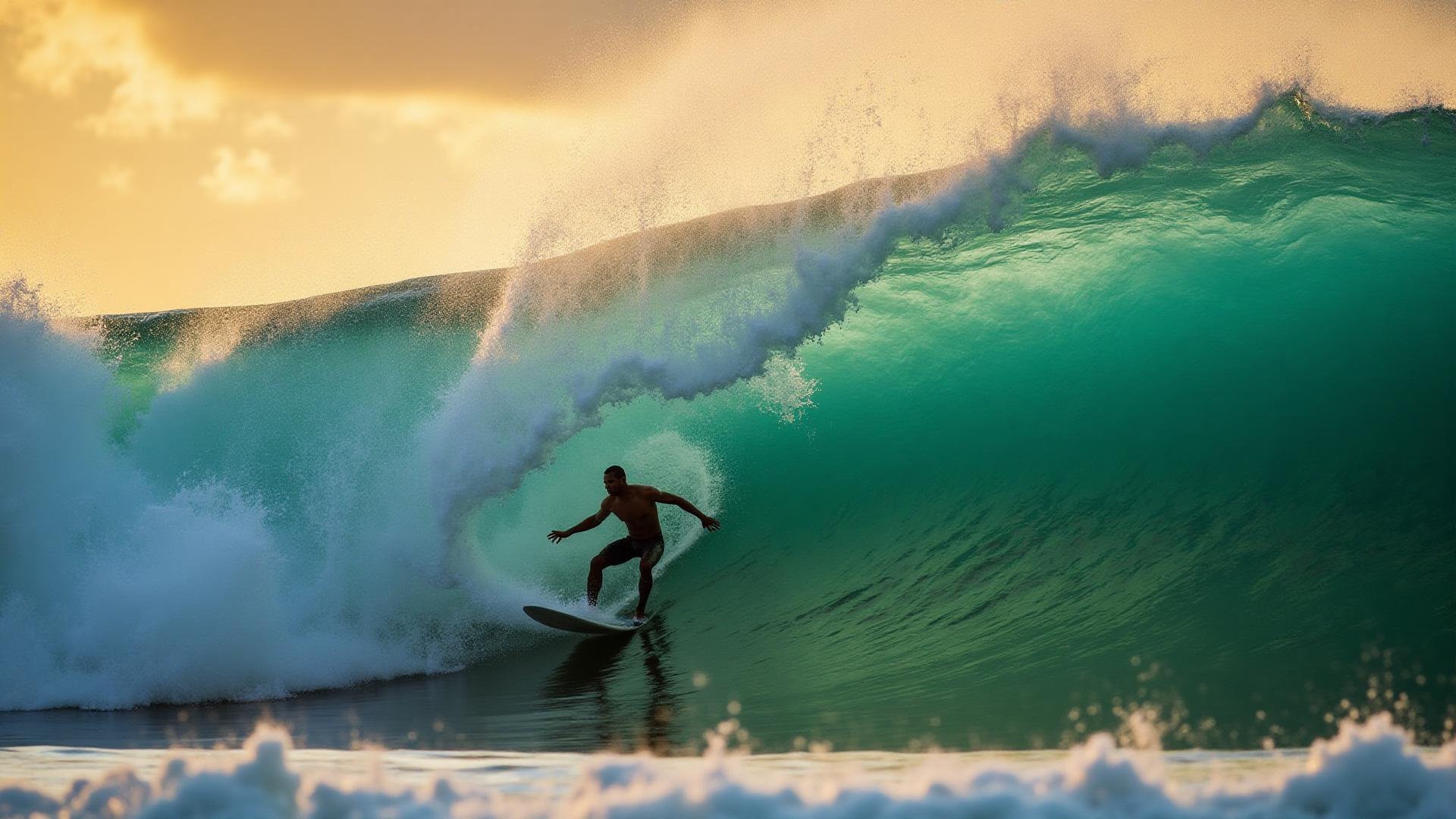 Professional surfer riding a powerful emerald barrel wave at the Soup Bowl