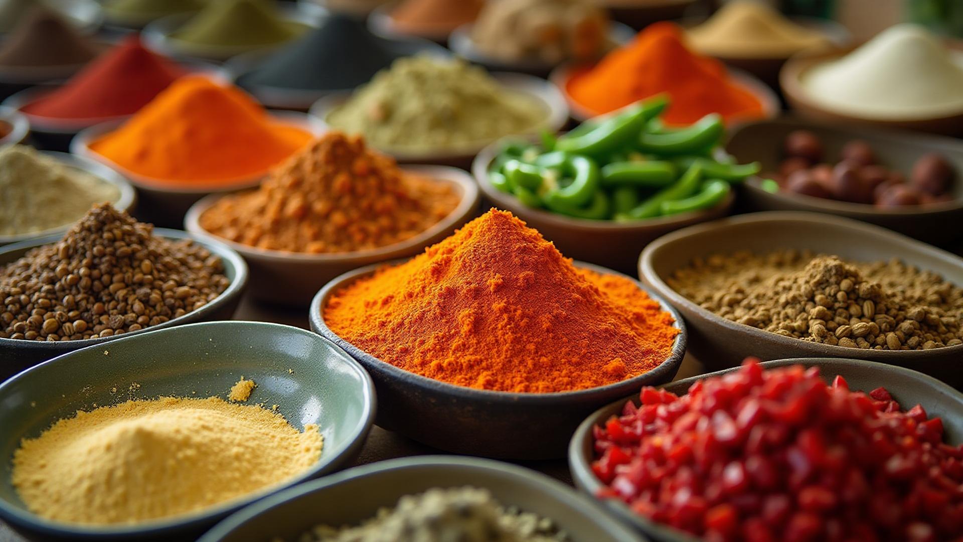 Colorful array of Caribbean spices and peppers at a Barbados market