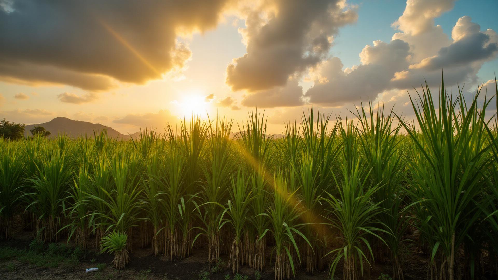 Golden sunlight streaming through Barbados sugarcane fields