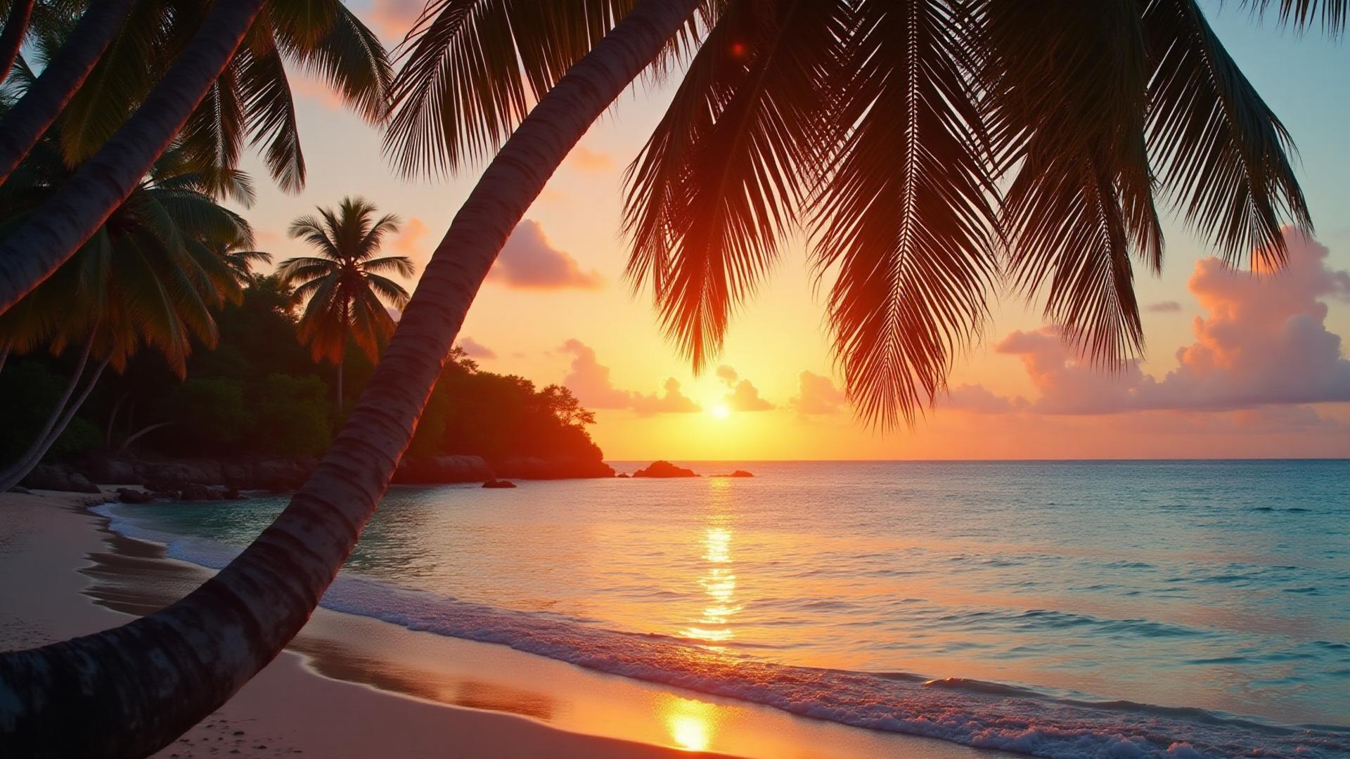 Golden sunset over calm Caribbean waters with palm tree silhouettes